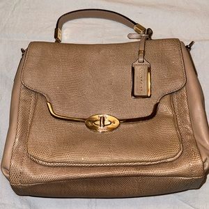 COACH Beige Gold Tan Buff  26324 MADISON  SADIE Flap Satchel  GLITTER Lizard